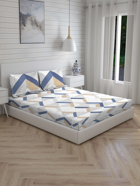 

Boutique Living India White & Blue Geometric 180 TC Cotton 1 King Bedsheet with 2 Pillow Covers