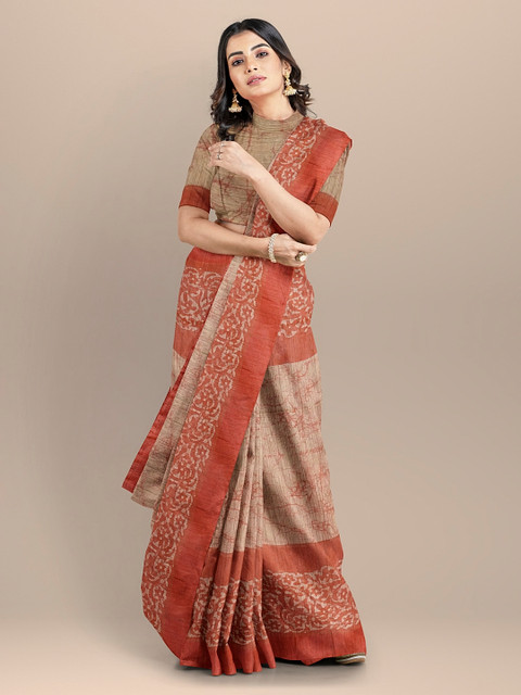 

BharatSthali Red & Brown Silk Cotton Printed Venkatgiri Saree