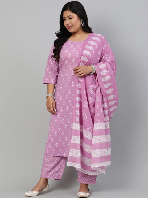 

Nayo Plus Size Women Lavender Floral Pure Cotton Kurta with Trousers & Dupatta