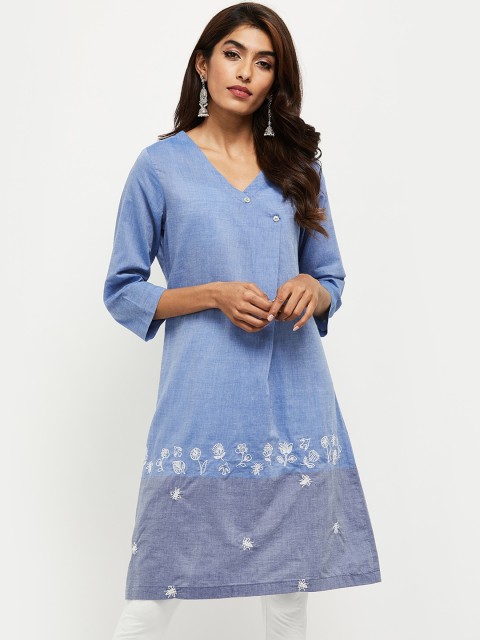 

max Women Blue Thread Work Cotton Kurta