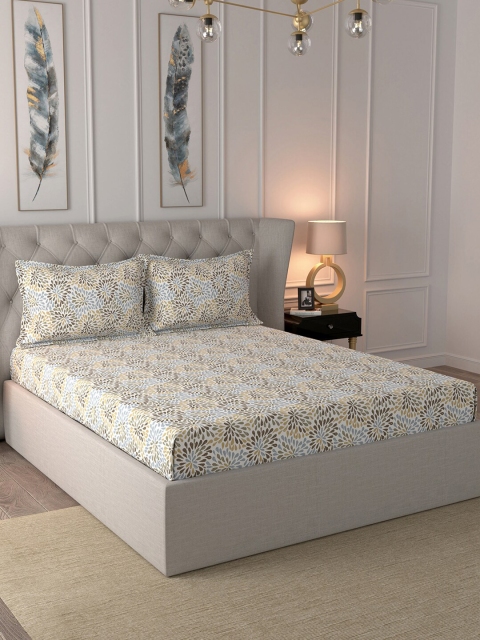 

MASPAR White & Beige Geometric 144 TC Cotton 1 Queen Bedsheet with 2 Pillow Covers
