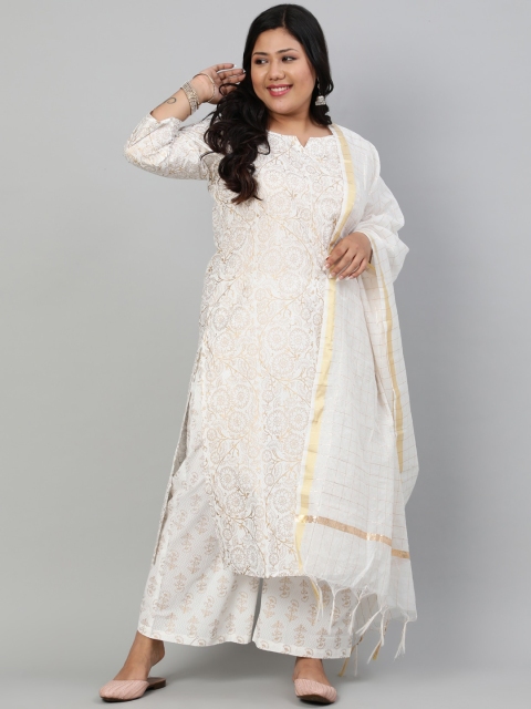 

Nayo Plus Size Women Off White Floral Printed Pure Cotton Kurta with Palazzos & Dupatta