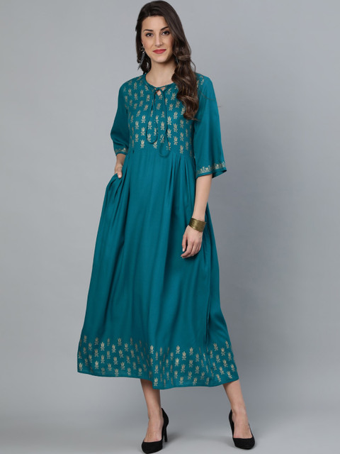 

Nayo Women Green & Gold Block Printed Fit and Flare Dress