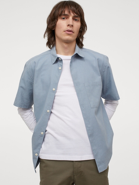 H&M Men Blue Solid Relaxed Fit Linen-Blend Shirt