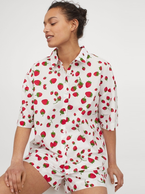 

H&M Women White & Pink Printed Poplin Pyjamas
