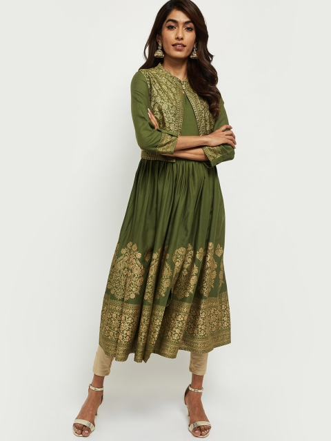 

max Women Green Ethnic Motifs Anarkali Kurta with Jacket