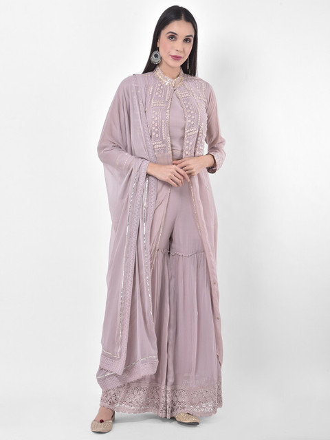 

Neerus Women Mauve & Silver-Toned Solid Top & Jacket with Palazzos & Dupatta