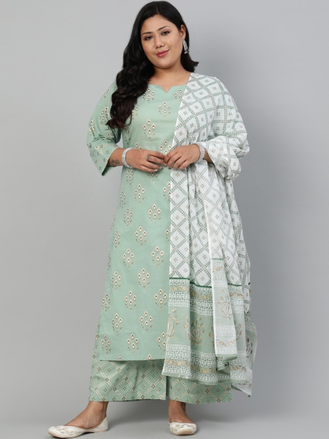 

Nayo Plus Size Women Green Ethnic Motifs Printed Pure Cotton Kurta with Palazzos & Dupatta