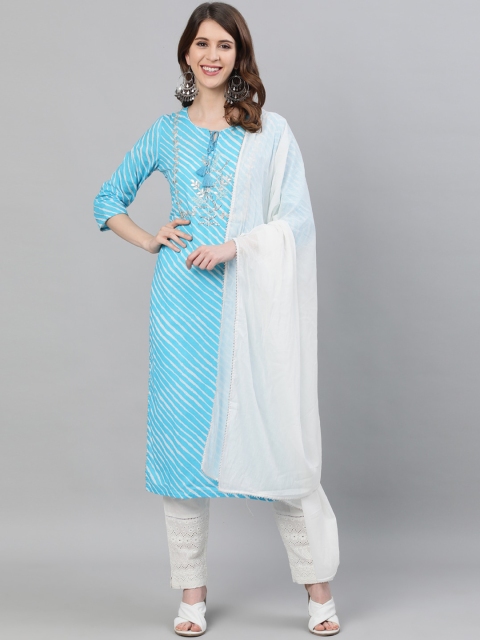 

Ishin Women Blue Leheriya Embroidered A-Line Kurta Trouser Dupatta Set