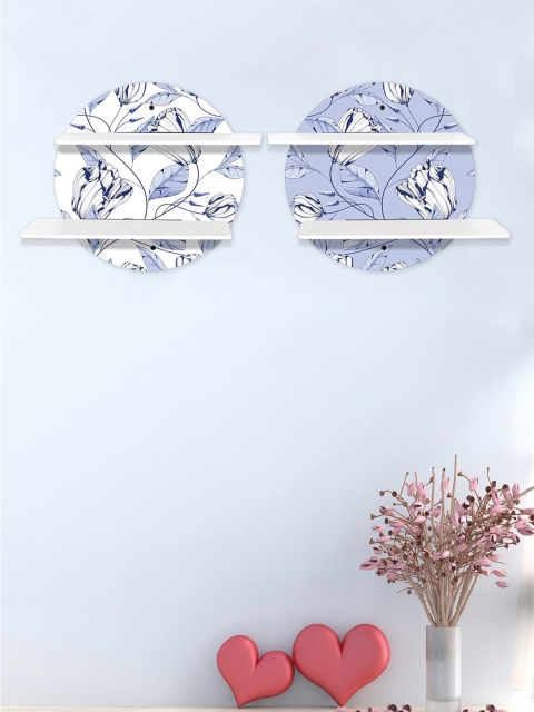 

RANDOM Set Of 2 White & Lavender Floral Printed MDF Basic Wall Shelves