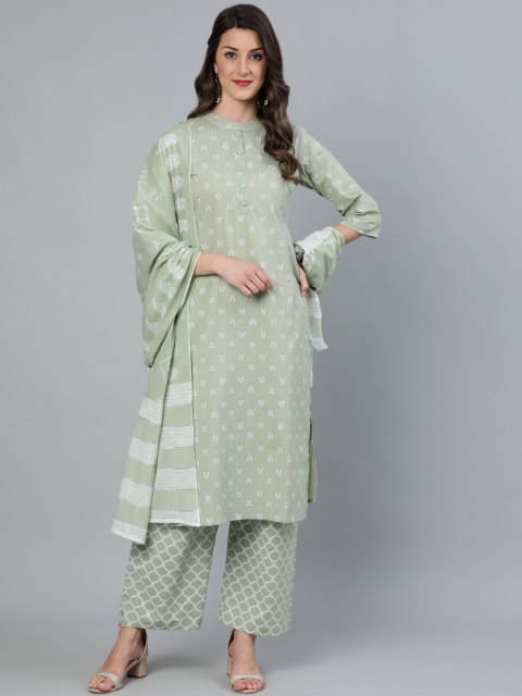

Nayo Women Green Printed Straight Kurta With Plazo & Dupatta