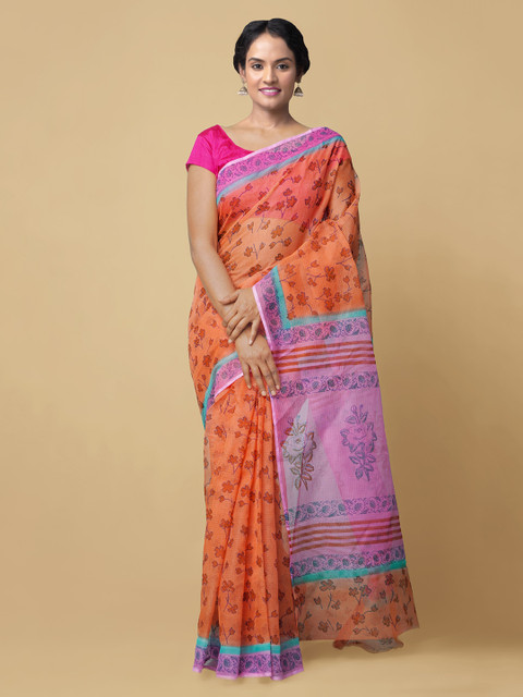 

Unnati Silks Orange & Pink Pure Cotton Printed Kota Saree