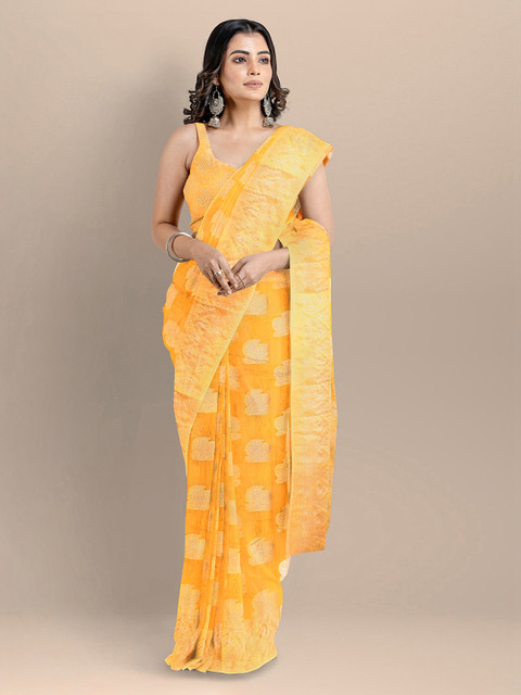 

BharatSthali Yellow & Gold-Toned Silk Cotton Woven Design Banarasi Saree