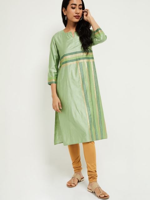 

max Women Green & Gold-Toned Striped Kurta