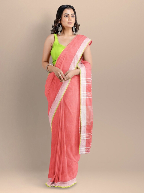 

BharatSthali Peach-Coloured Pure Cotton Solid Mangalagiri Handloom Saree