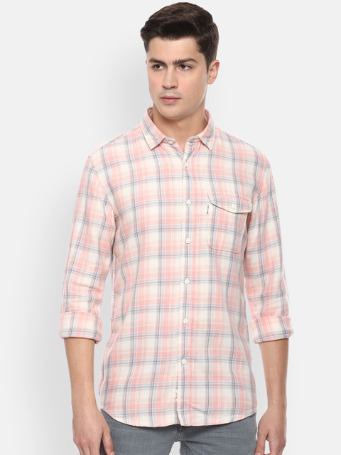 

Louis Philippe Jeans Men Off-White & Pink Slim Fit Checked Casual Shirt