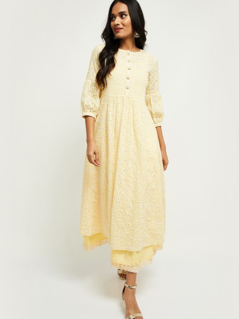 

max Women Yellow & White Ethnic Motifs Embroidered Chikankari Anarkali Kurta