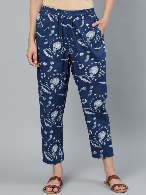 

Nayo Women Teal Blue & Off-White Printed Cotton Regular Fit Cropped Trousers