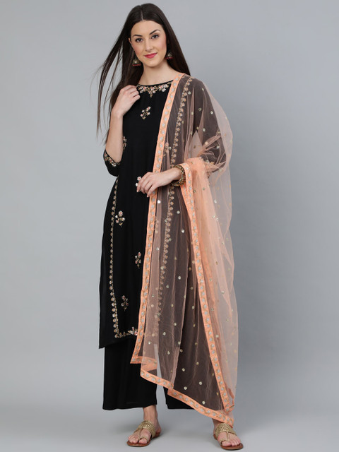 

Nayo Women Black Embroidered Kurta with Palazzos & With Net Dupatta