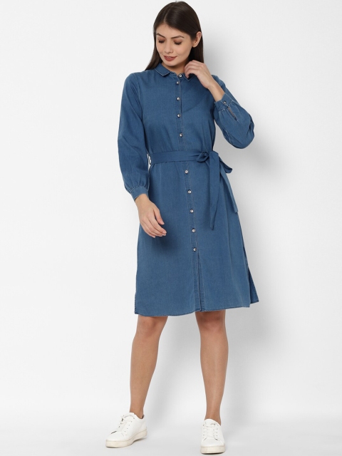 

Allen Solly Woman Women Blue Pure Cotton Solid Shirt Dress
