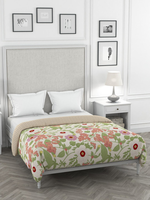 

Portico New York Cream-Coloured & Green Floral AC Room 120 GSM Double Bed Dohar