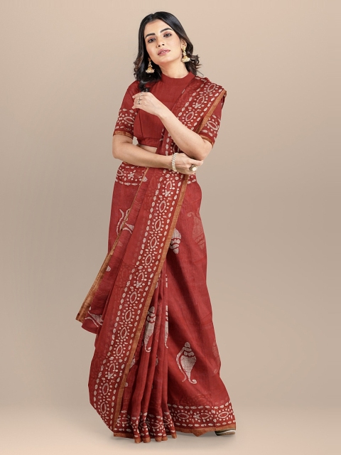 

BharatSthali Red Silk Cotton Printed Venkatgiri Saree