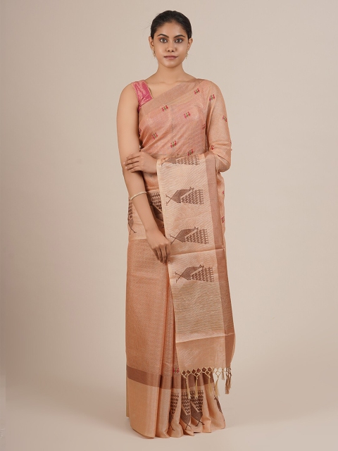 

Pothys Peach-Coloured & Brown Supernet Embroidered Saree