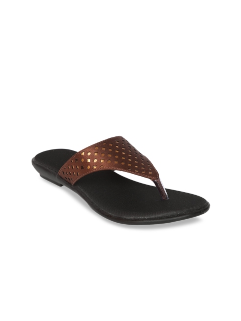 

Zyla Women Brown Textured T-Strap Flats