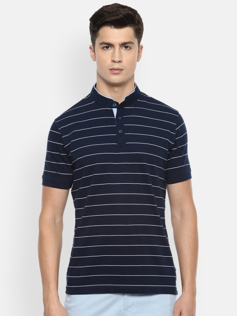 

Van Heusen Sport Men Navy Blue Striped Mandarin Collar Pure Cotton T-shirt