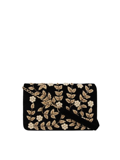 

Rocia Black & Gold Toned Embroidered Box Clutch