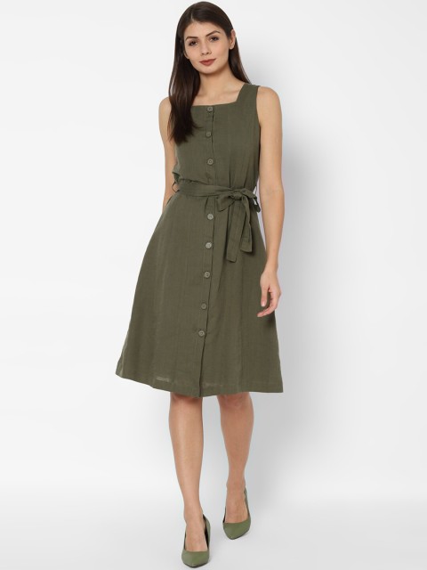 

Allen Solly Woman Women Olive Green Pure Cotton Solid Fit and Flare Dress