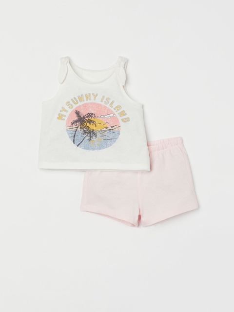 

H&M Girls 2-Piece White & Pink Printed Top & Shorts Set
