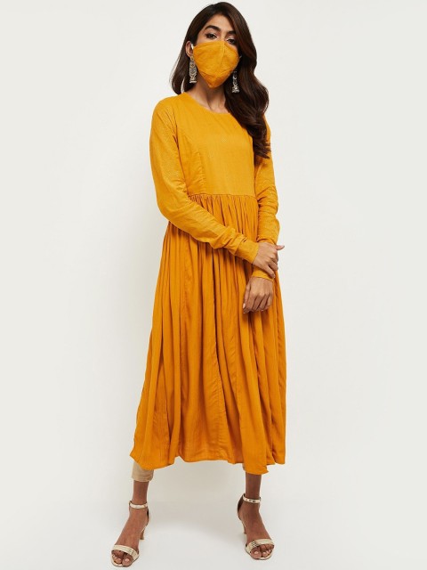 

max Women Mustard Geometric Printed Anarkali Kurta with Mask