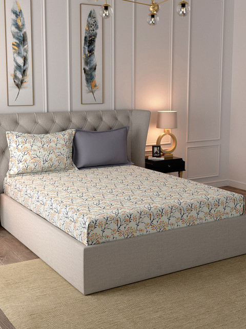 

In-House by maspar Off-White & Orange Floral 210 TC Cotton 1 King Bedsheet with 2 Pillow Covers