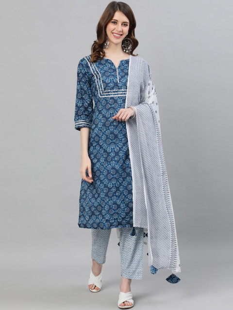 

Ishin Women Blue & White Printed Kurta with Trousers & Dupatta