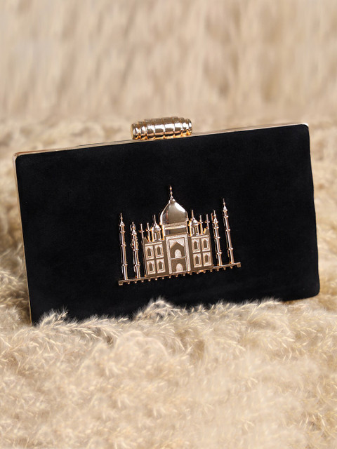 

TRINK Black & Gold-Toned Taj Mahal Embellished Clutch