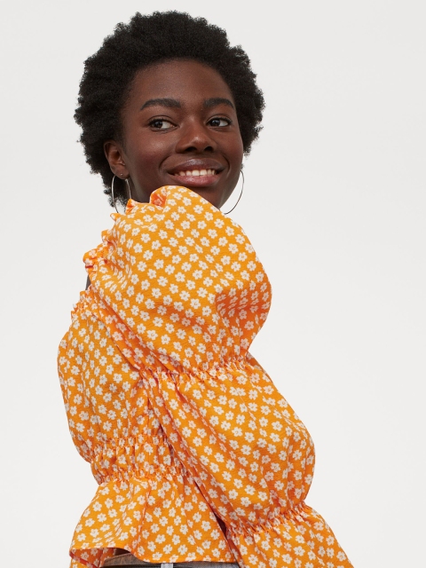 

H&M Women Orange Printed Cropped Puff-Sleeved Top