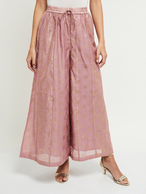 

max Women Purple & Gold-Toned Printed Wide Leg Palazzos