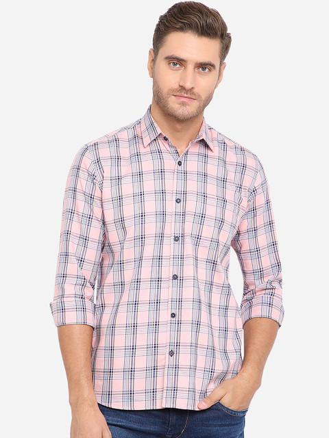 

Greenfibre Men Pink & Navy Blue Slim Fit Checked Cotton Casual Shirt