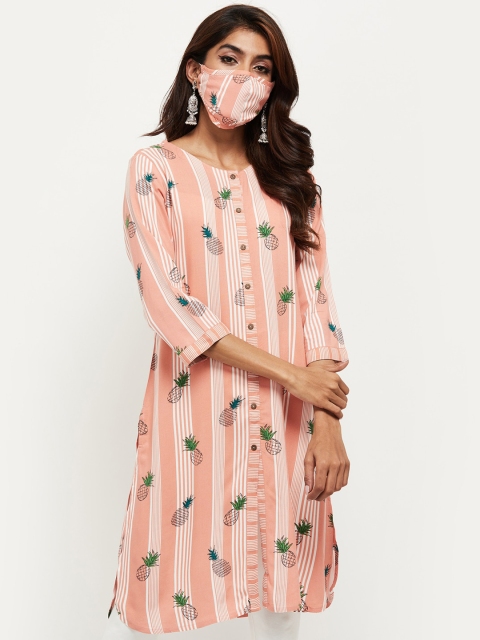 

max Women Peach-Coloured Striped Kurta with Mask