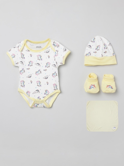 max Girls White & Yellow Printed 100% Cotton Baby Apparel Gift Set