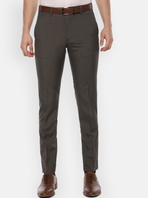 

Van Heusen Men Olive Green & White Slim Fit Checked Formal Trousers