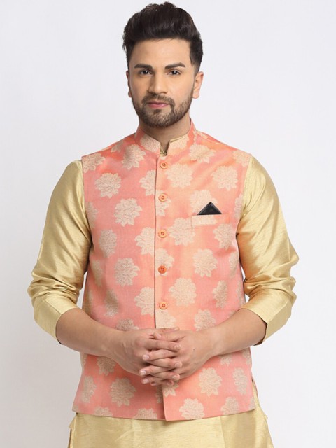 

NEUDIS Men Peach-Coloured & Golden Woven-Design Satin Jacquard Nehru Jacket