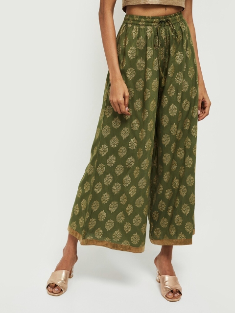 

max Women Green & Gold-Toned Printed Wide Leg Palazzos