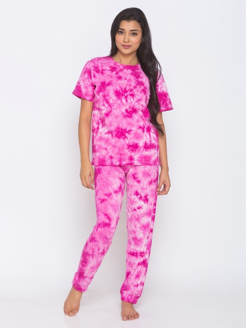 

Nick&Jess Women Pink & White Tie Dye Cotton Night Suit