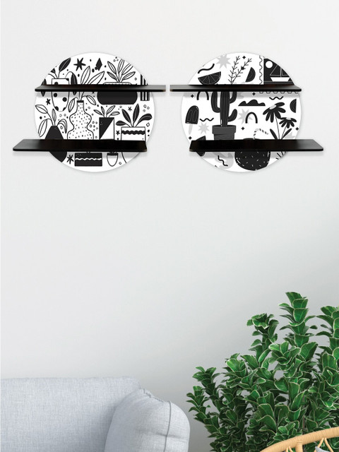 

RANDOM Set of 2 Black & White Printed MDF Circular Wall Shelf With Black Plates