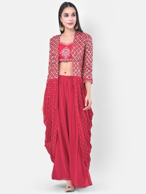 

Neerus Women Pink & Silver-Toned Embellished Crop Top with Skirt & Shrug