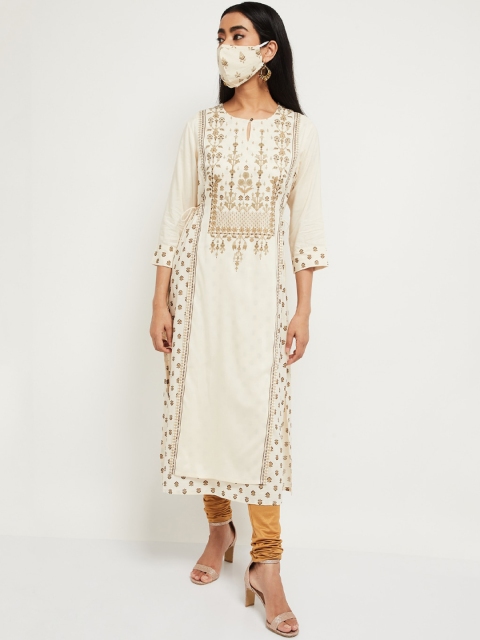 

max Women Cream Ethnic Motifs Printed White Romance Kurta With Face Mask