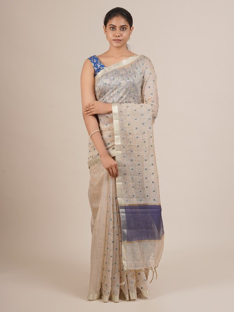 

Pothys Cream-Coloured & Blue Cotton Blend Printed Saree