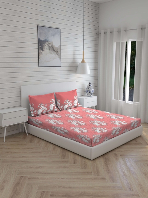 

Layers Coral & White Floral 104 TC Cotton 1 Queen Bedsheet with 2 Pillow Covers
